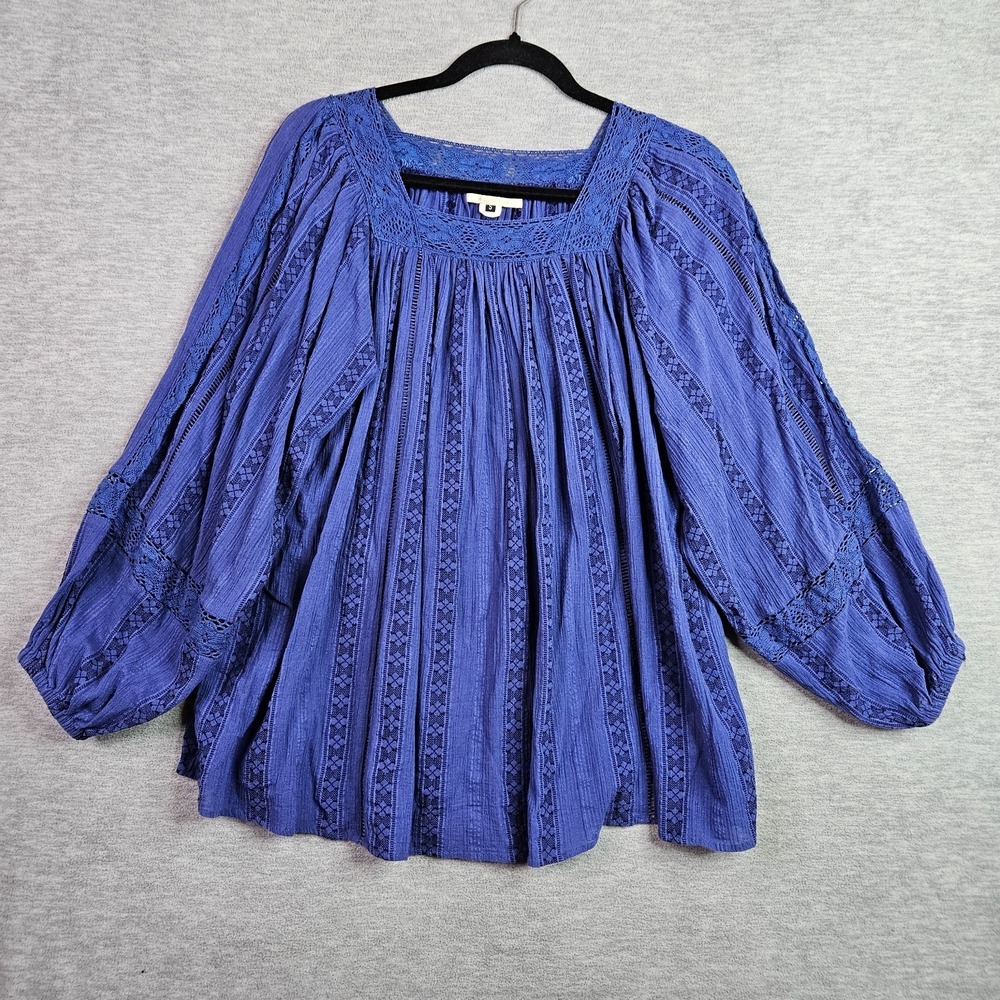 NE Quittez pas Women's Small Blue Boho Lace Peasant Blouse Balloon Sleeve
